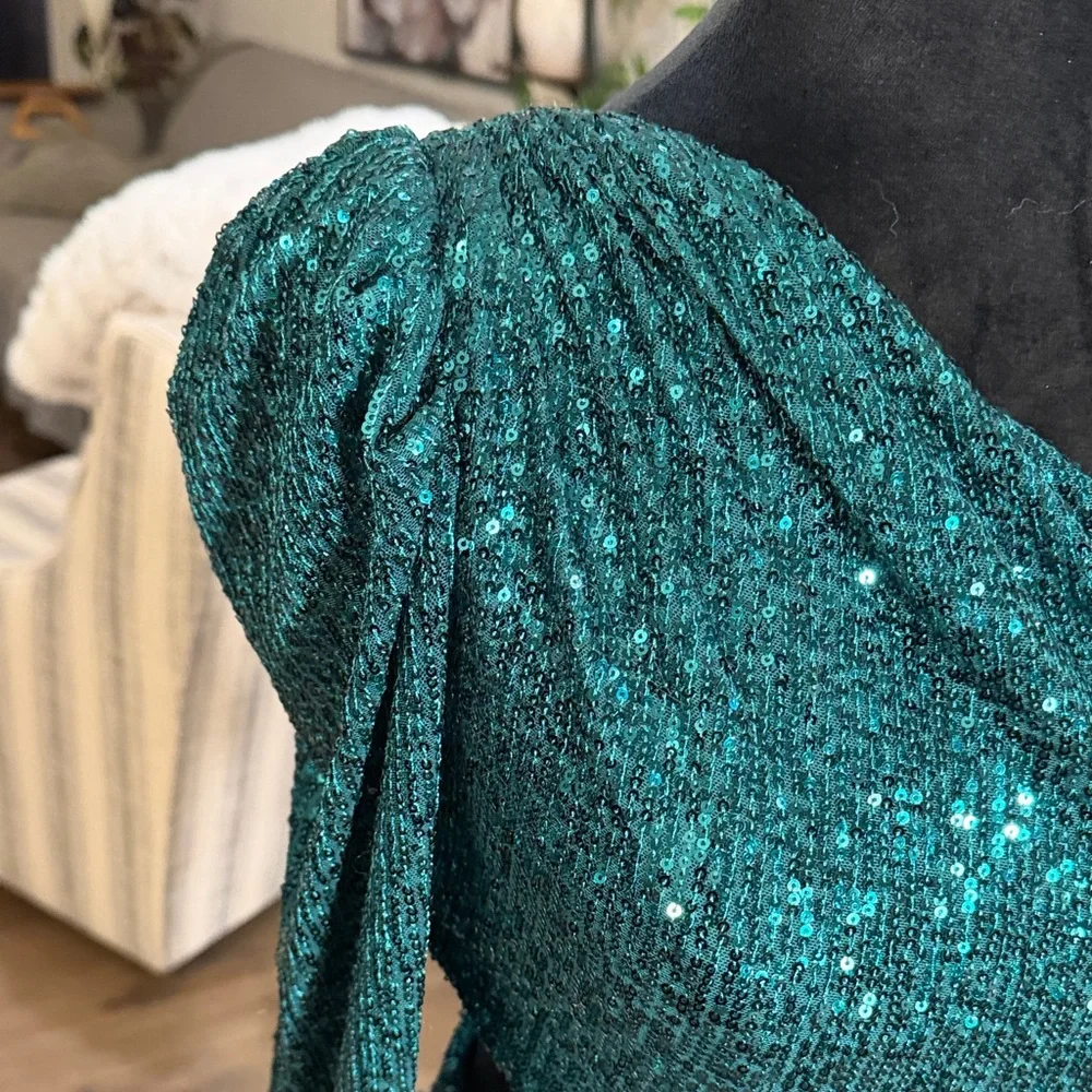 Mac Duggal Teal Sequin One-Shoulder Dress - Picture 6 of 9